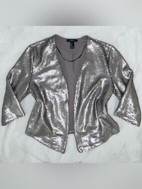 Forever 21 Y2K Silver Sequin Blazer - Women's Open-Front Sparkle Disco Jacket